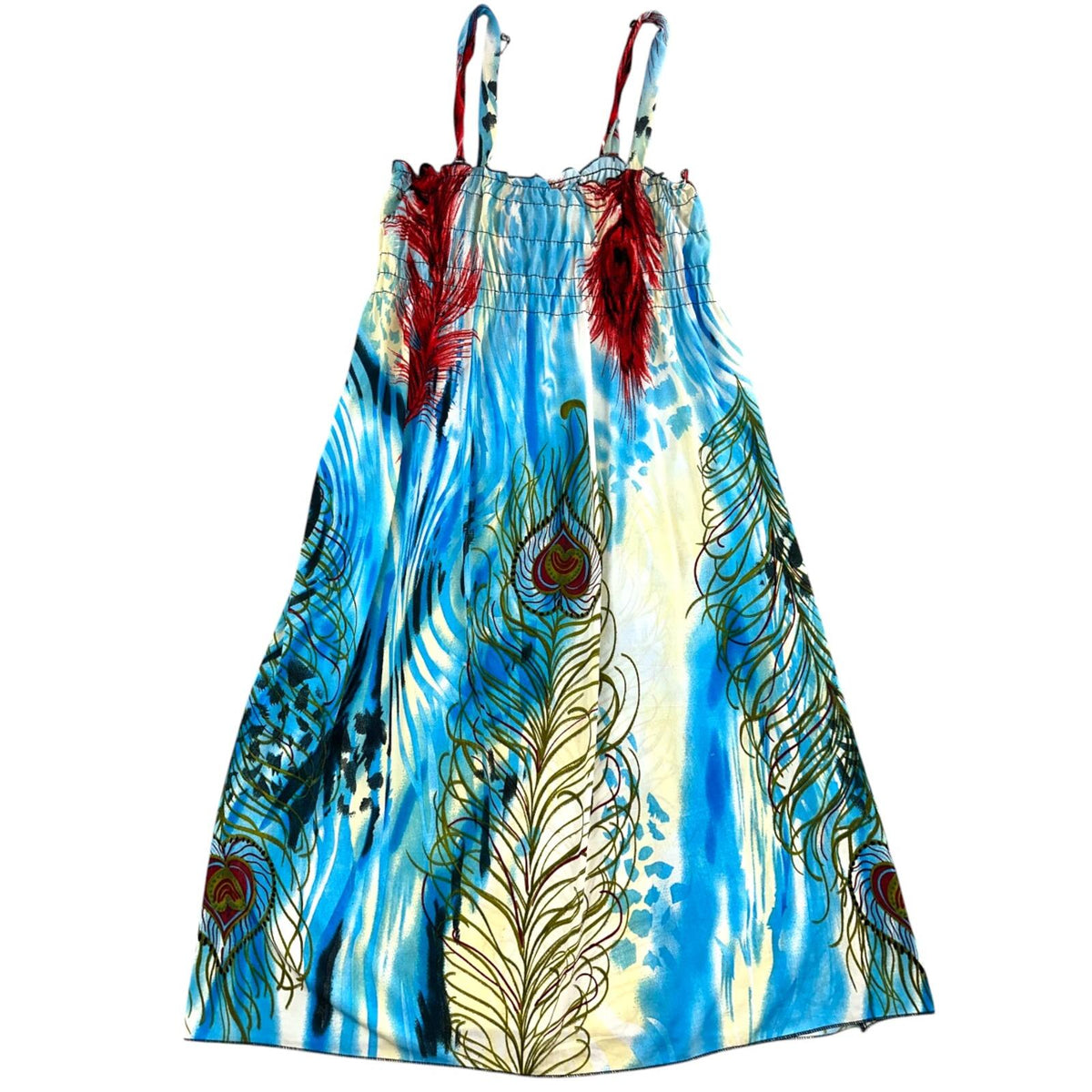 Ace Fashion Y2K Midi Dress Peacock Feather Print Blue Red Smocked Bodice