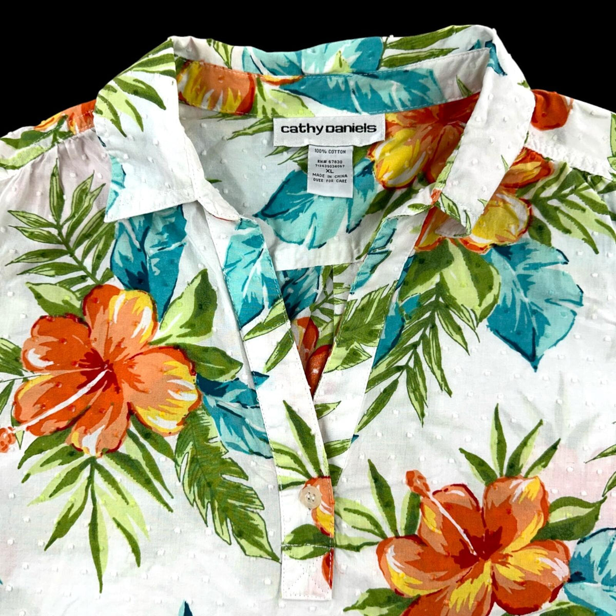 Vintage Cathy Daniels Tropical Hibiscus Short Sleeve Top