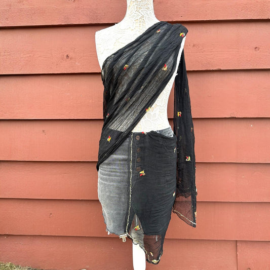 Vintage Whimsigoth Sheer Black Floral Embroidered Wrap