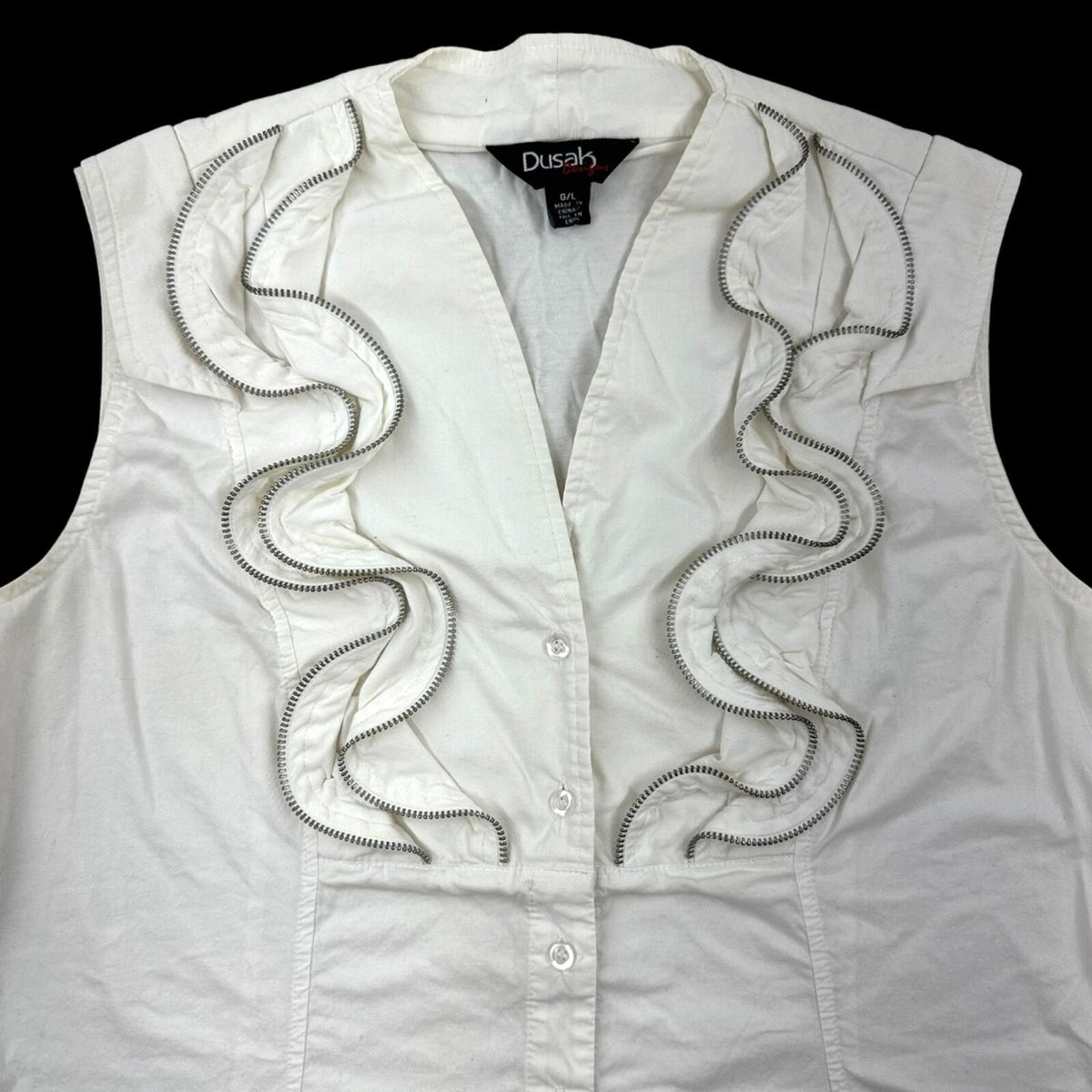 Dusak Designs White Sleeveless Blouse with Silver Zipper Ruffle Trim