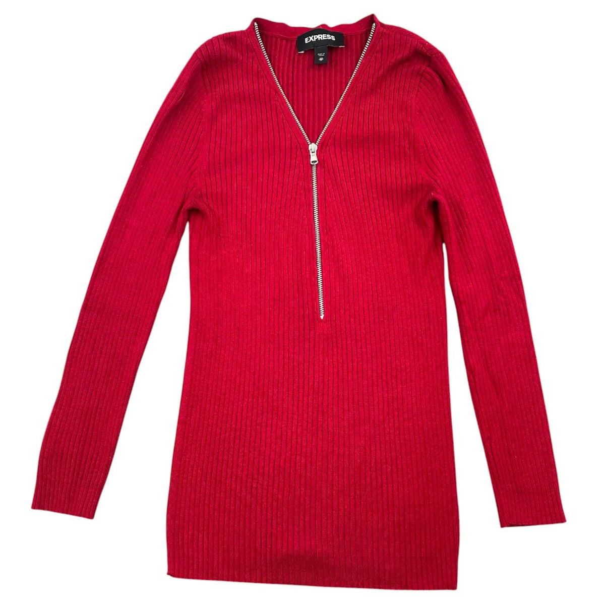 Express Cherry Red Ribbed Knit Sweater with Silver Half Zip Y2K Office Siren