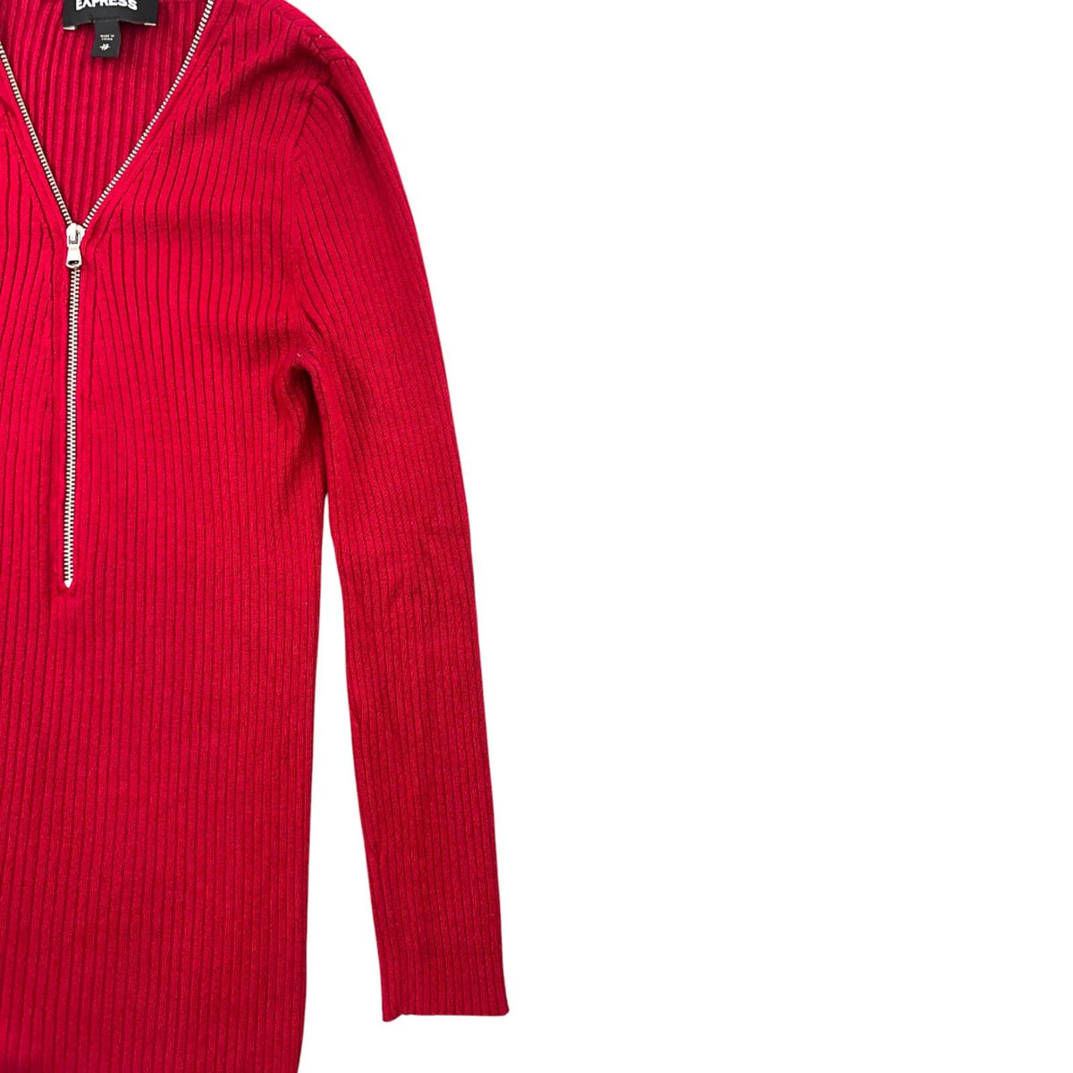 Express Cherry Red Ribbed Knit Sweater with Silver Half Zip Y2K Office Siren