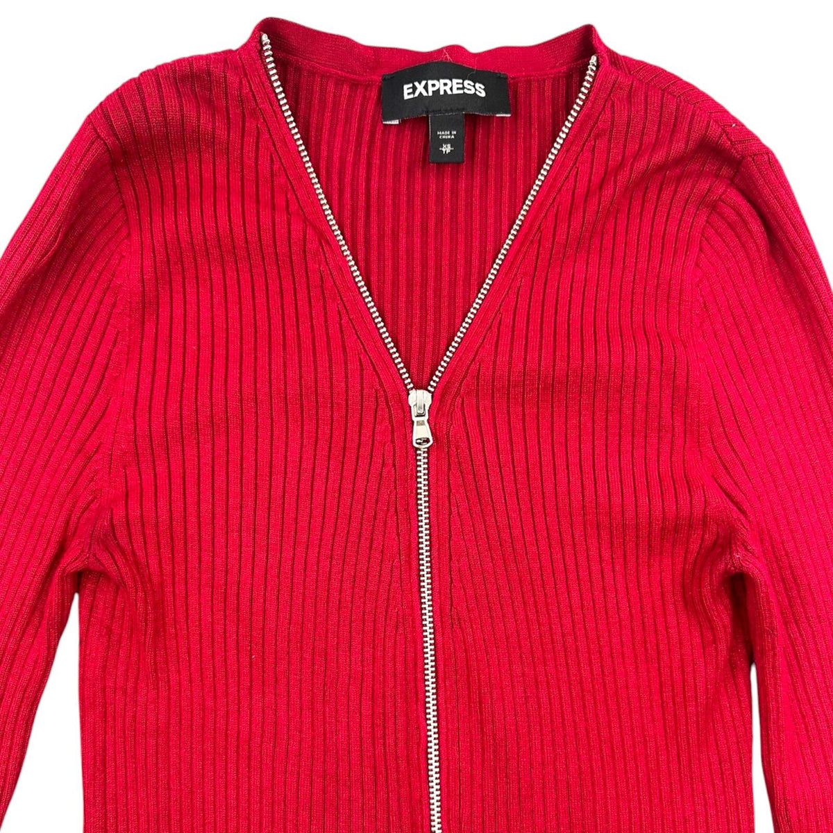 Express Cherry Red Ribbed Knit Sweater with Silver Half Zip Y2K Office Siren