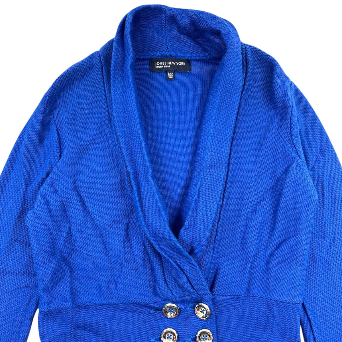 Jones New York Signature Electric Blue Double Breasted Shawl Collar Cardigan