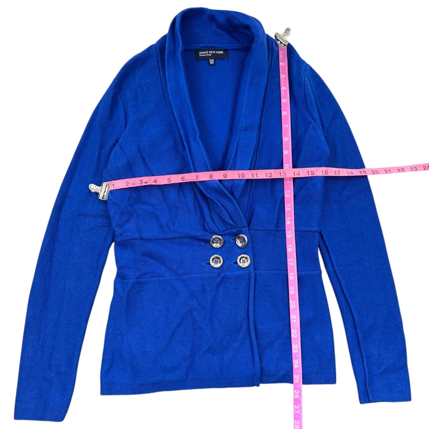 Jones New York Signature Electric Blue Double Breasted Shawl Collar Cardigan
