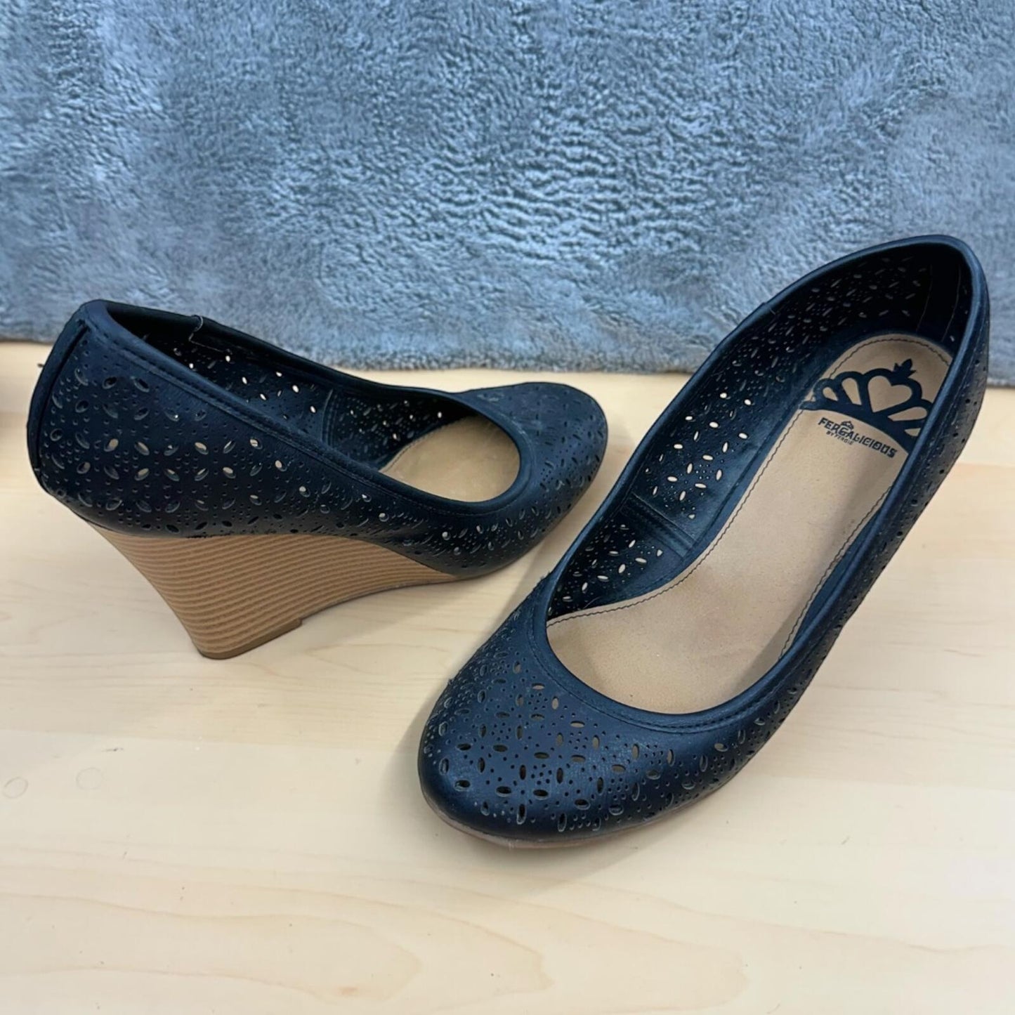 Fergalicious Black Laser Cut Floral Wedges with Faux Wood Grain Heel