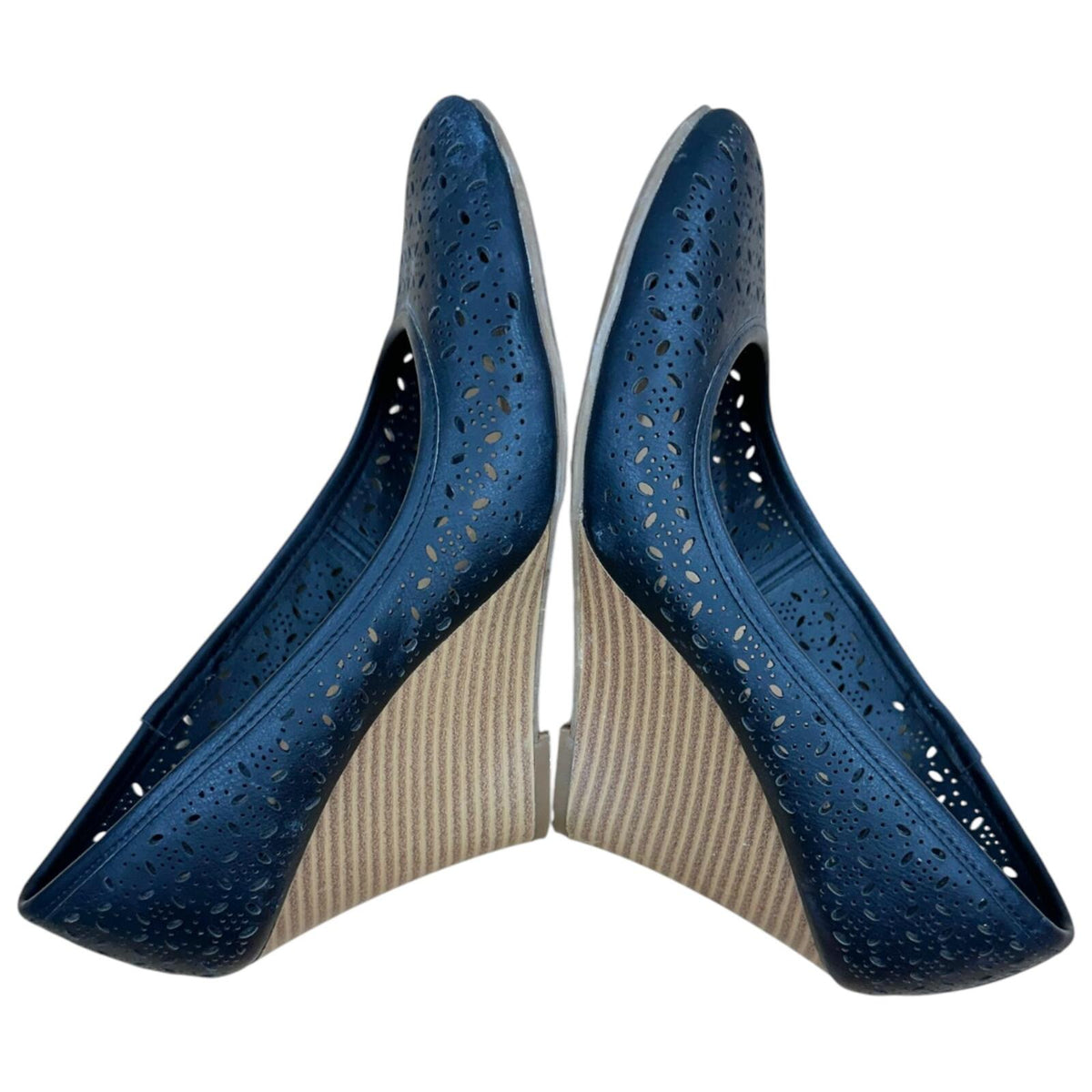 Fergalicious Black Laser Cut Floral Wedges with Faux Wood Grain Heel