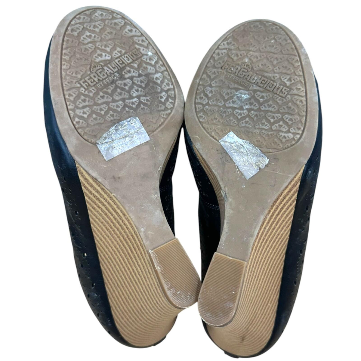 Fergalicious Black Laser Cut Floral Wedges with Faux Wood Grain Heel