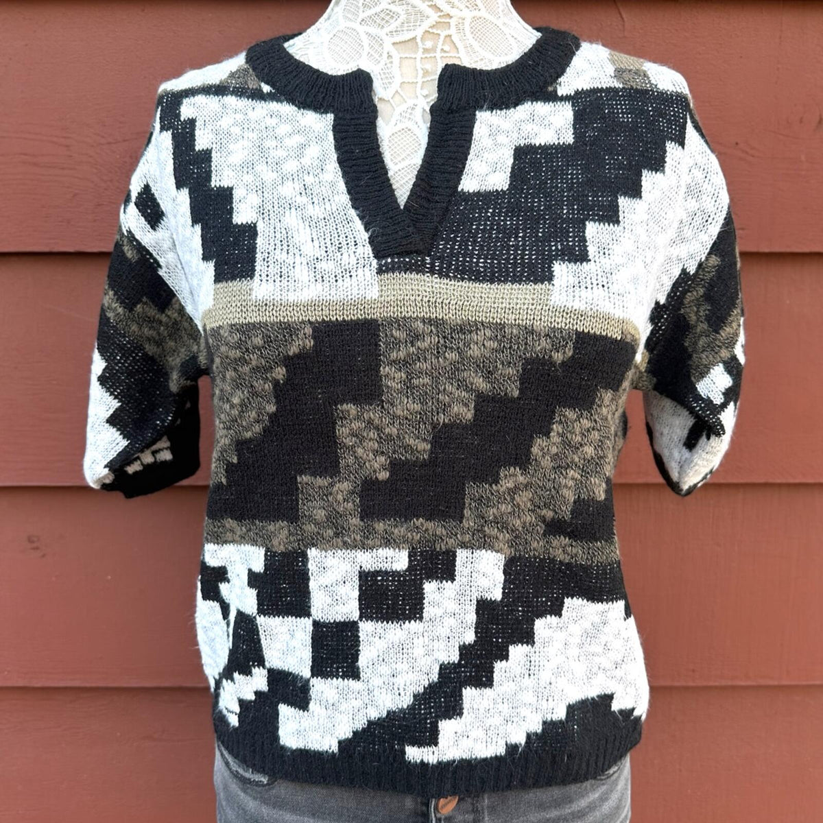 Vintage J.J. Browne Geometric Knit Sweater Top in Neutral Monochrome Eclectic