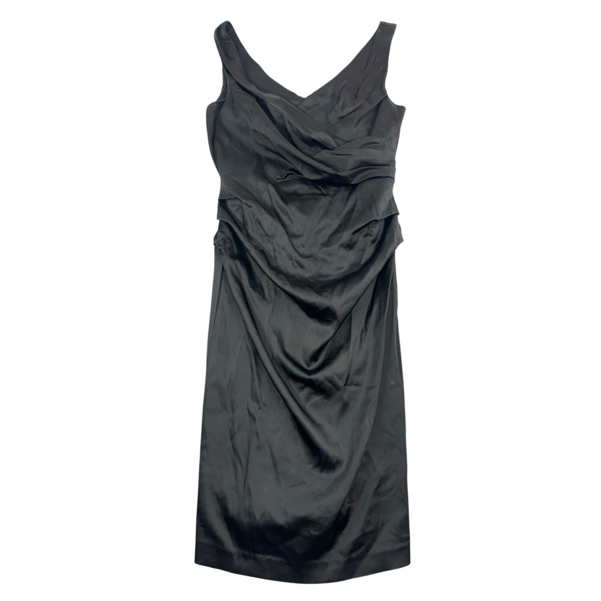 Suzi Chin for Maggy Boutique Black Satin Ruched Wiggle Midi Dress
