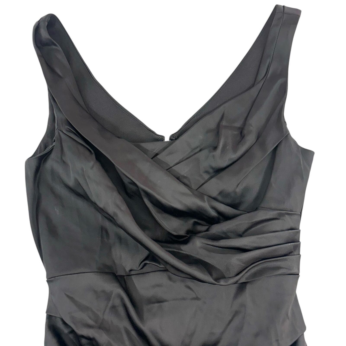 Suzi Chin for Maggy Boutique Black Satin Ruched Wiggle Midi Dress