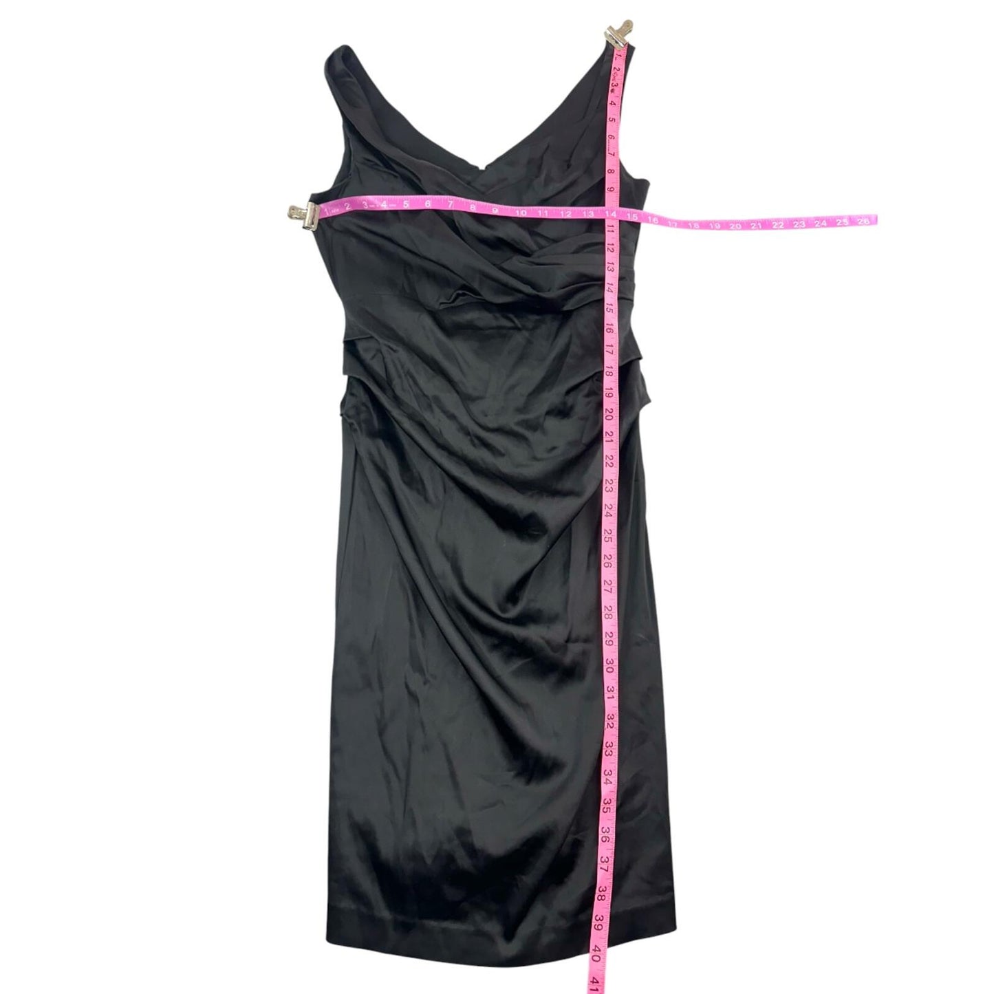 Suzi Chin for Maggy Boutique Black Satin Ruched Wiggle Midi Dress
