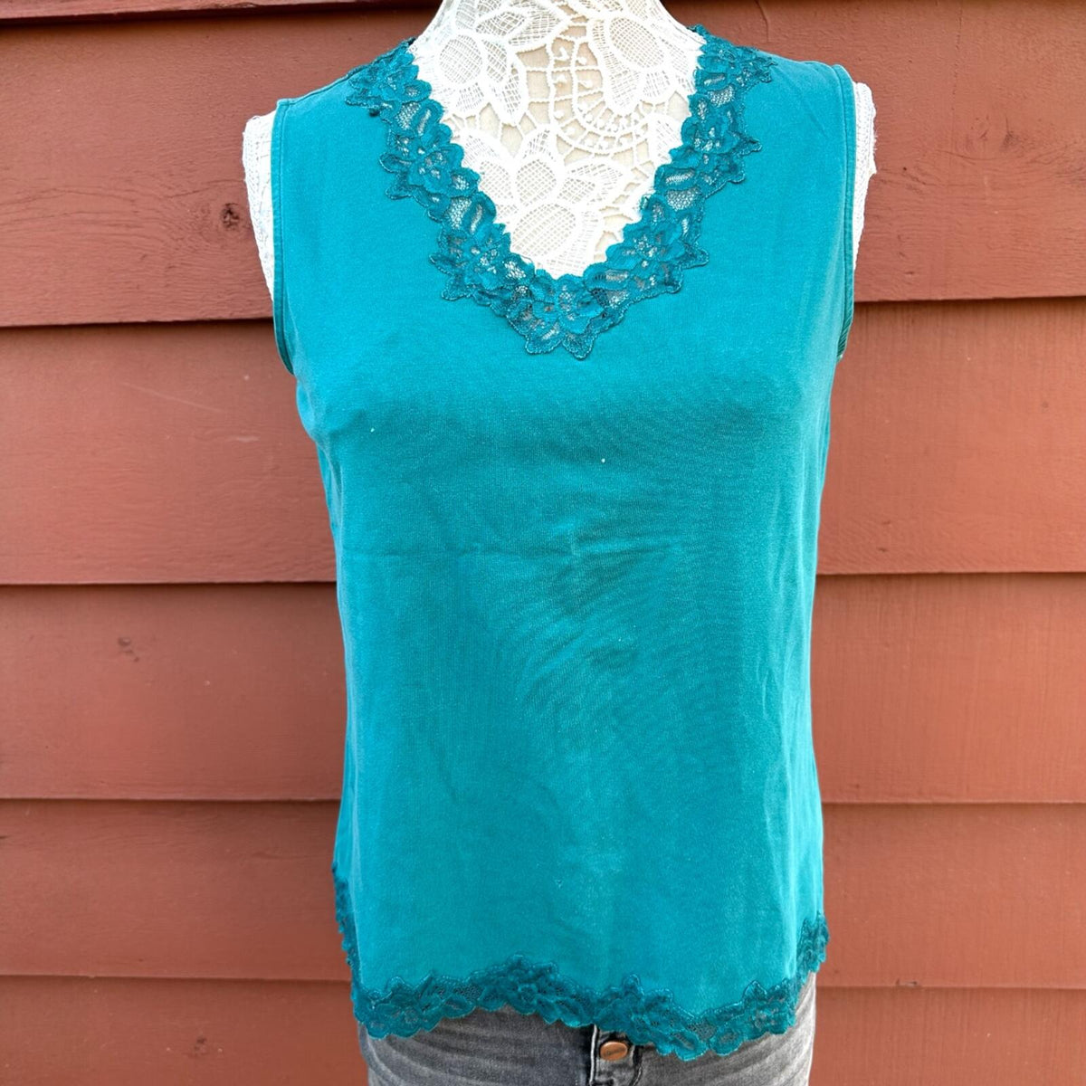 Coldwater Creek Deep Teal Lace Trim Cotton Tank Top Y2K Coquette Girl