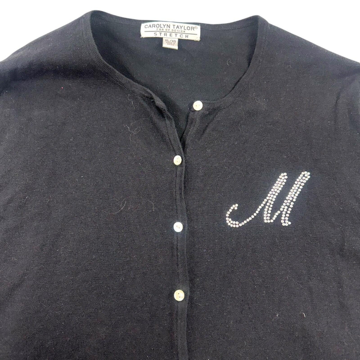 Carolyn Taylor Black Stretch Knit Cardigan with Rhinestone M Initial