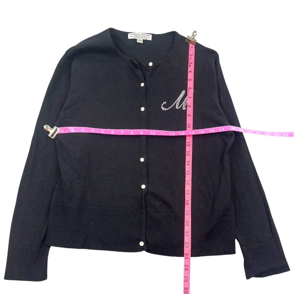 Carolyn Taylor Black Stretch Knit Cardigan with Rhinestone M Initial