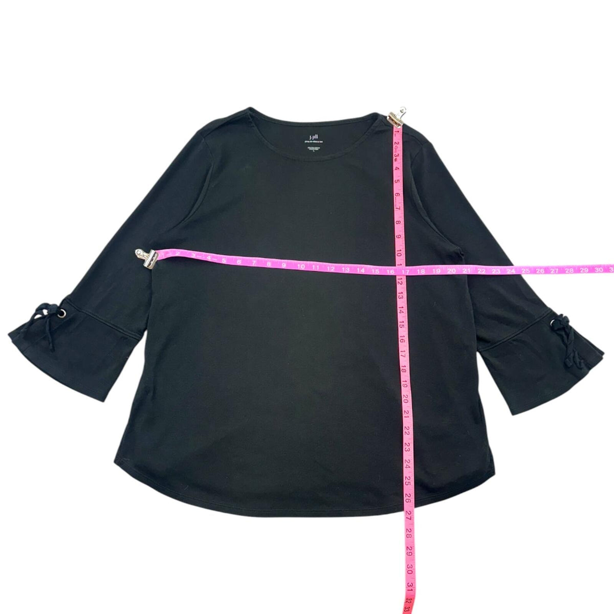 J. Jill Black Bell Sleeve Top with Silver Grommet Tie Detail