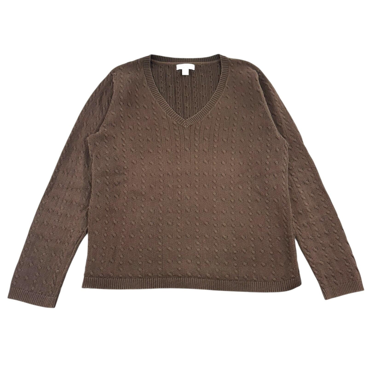 Charter Club Brown Cable Knit V Neck Sweater Modern Preppy