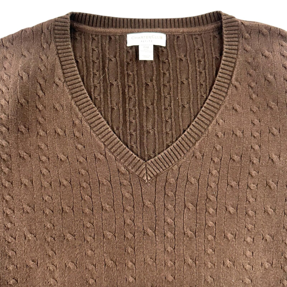 Charter Club Brown Cable Knit V Neck Sweater Modern Preppy
