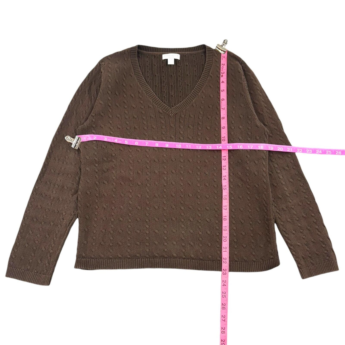 Charter Club Brown Cable Knit V Neck Sweater Modern Preppy