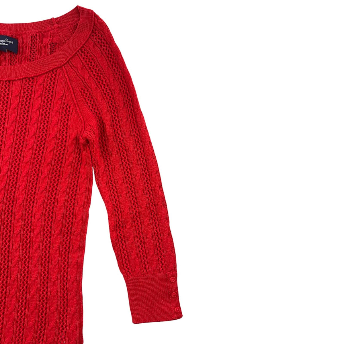 American Eagle Cherry Red Cable Knit Sweater Wide Scoop Neck 3/4 Sleeve