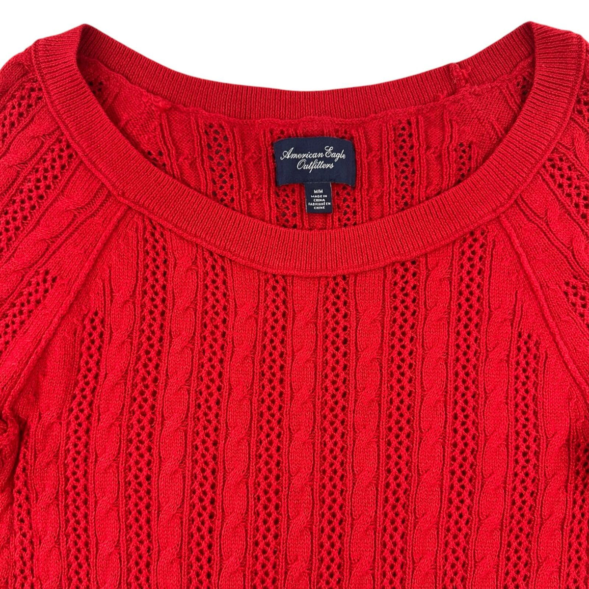 American Eagle Cherry Red Cable Knit Sweater Wide Scoop Neck 3/4 Sleeve