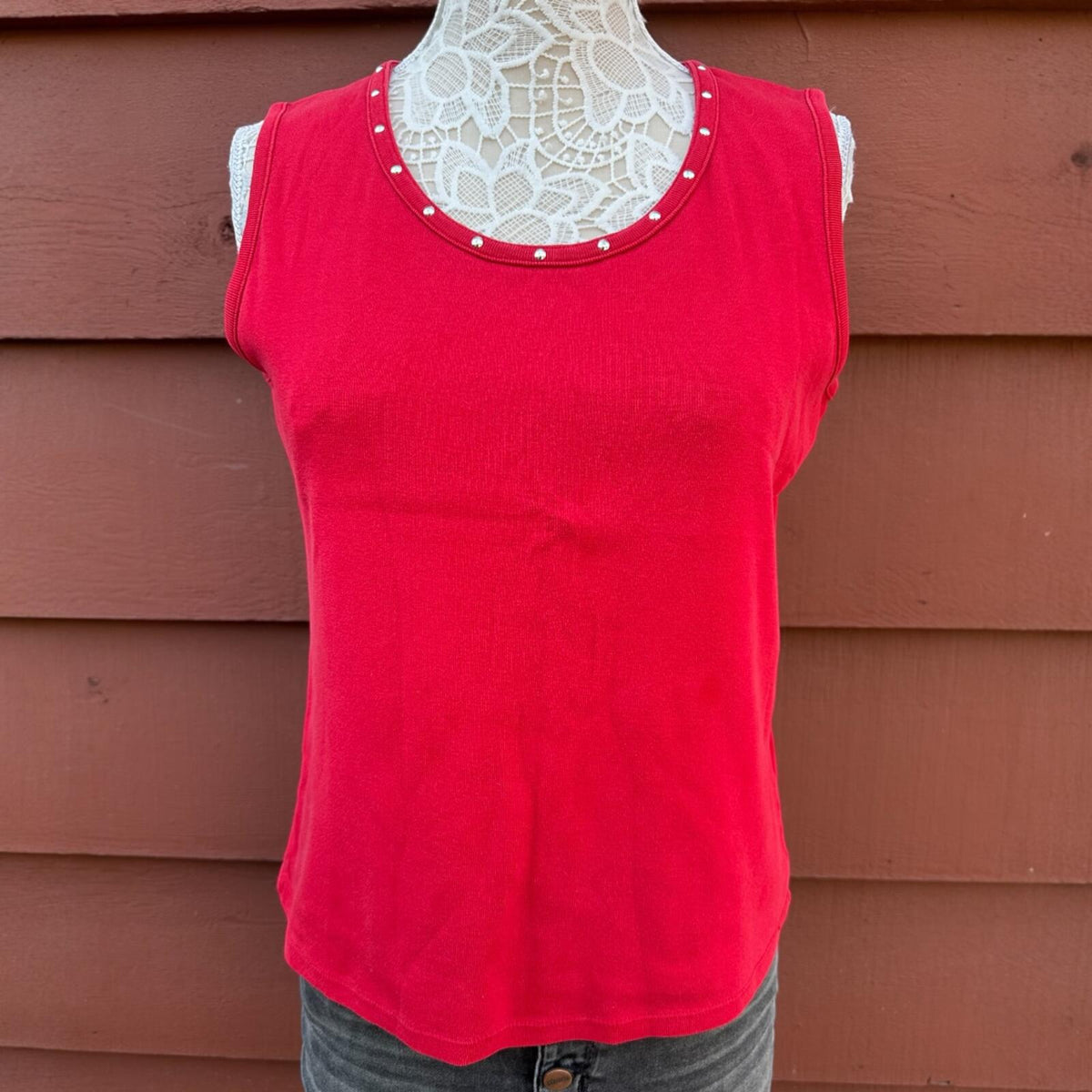 Rafaella Cherry Red Studded Neckline Sleeveless Top
