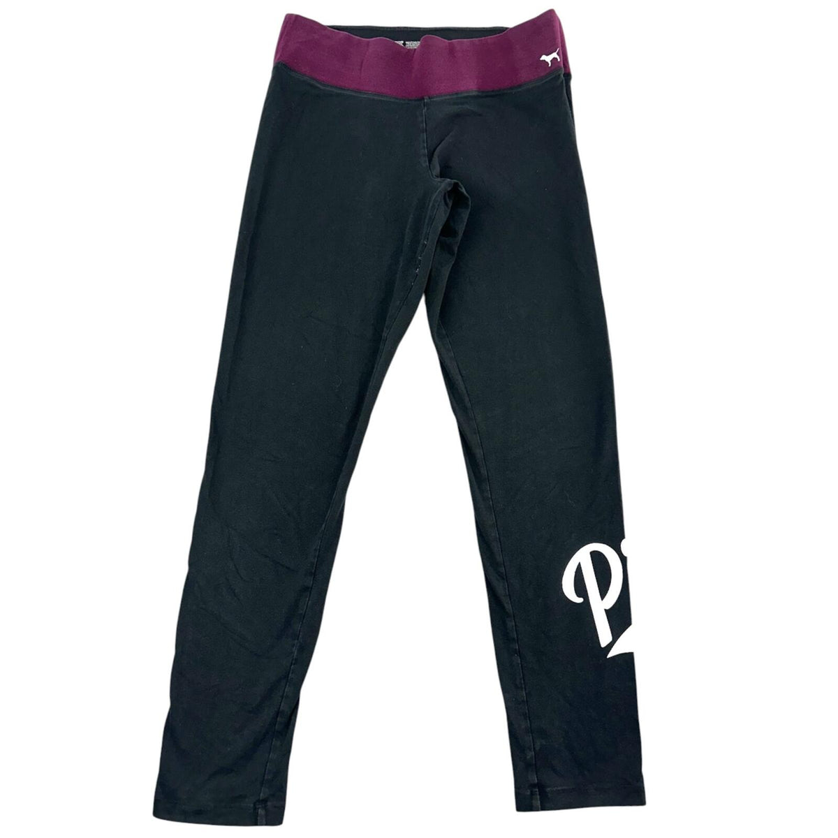 Victoria's Secret PINK Black Yoga Leggings with Burgundy Fold Over Waist