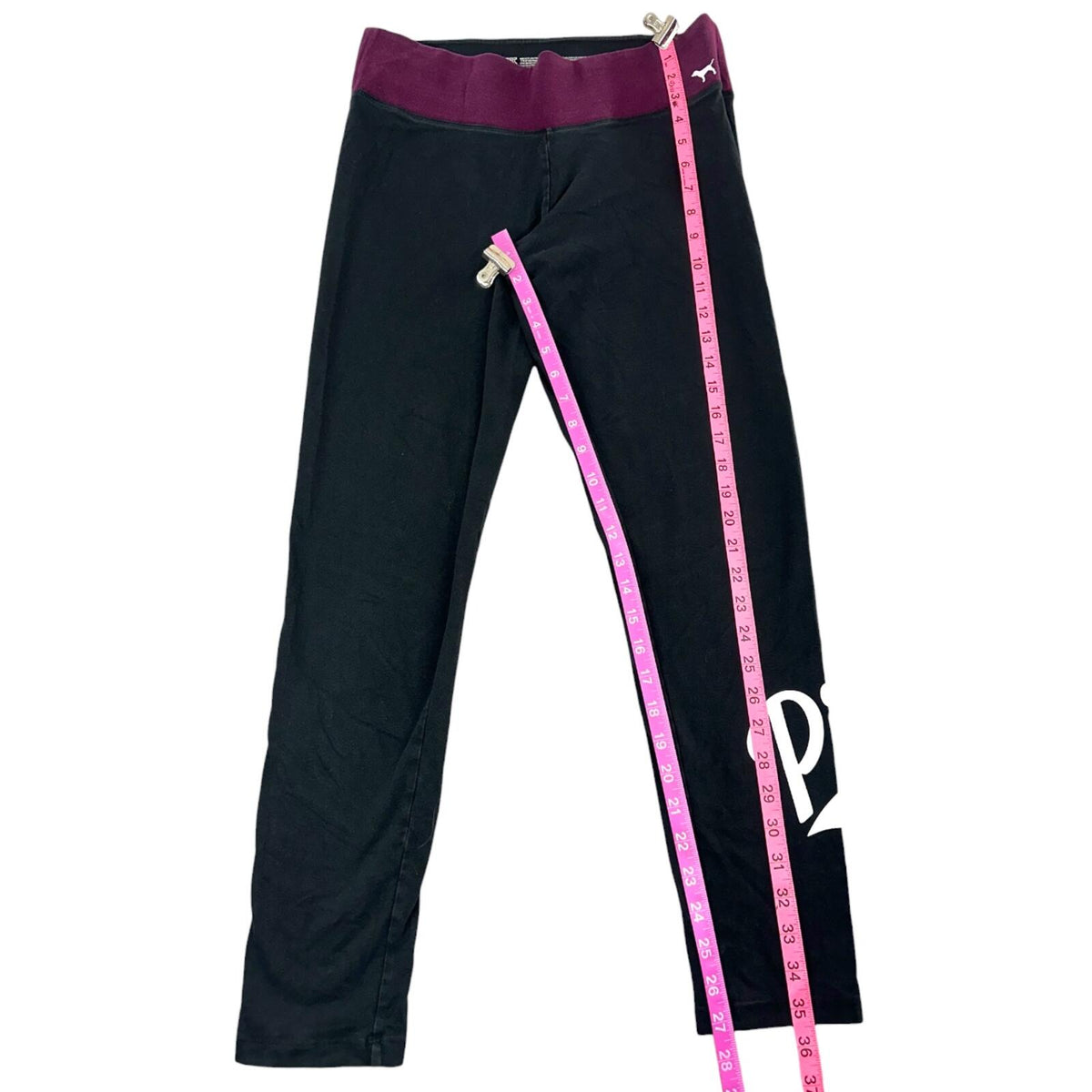 Victoria's Secret PINK Black Yoga Leggings with Burgundy Fold Over Waist