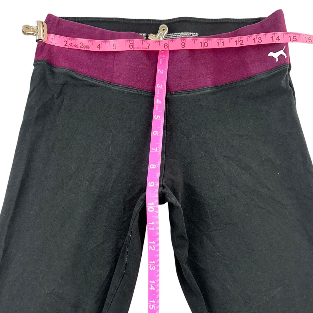 Victoria's Secret PINK Black Yoga Leggings with Burgundy Fold Over Waist