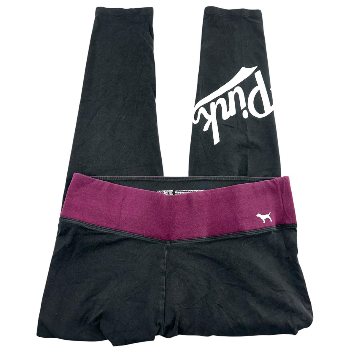 Victoria's Secret PINK Black Yoga Leggings with Burgundy Fold Over Waist