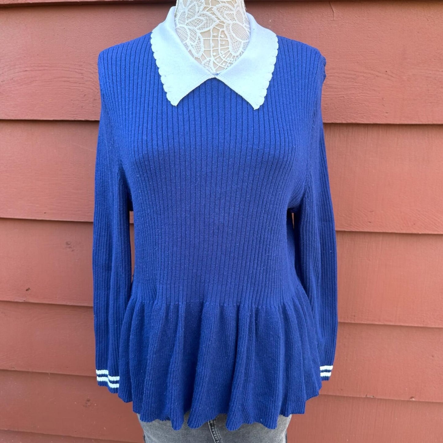 ELLE Royal Blue Peplum Sweater with White Scalloped Peter Pan Collar Coquette