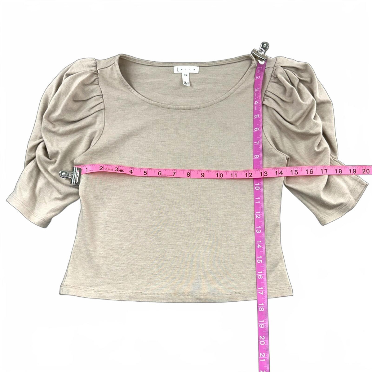 Leith Oatmeal Dramatic Puff Sleeve Structured Knit Top