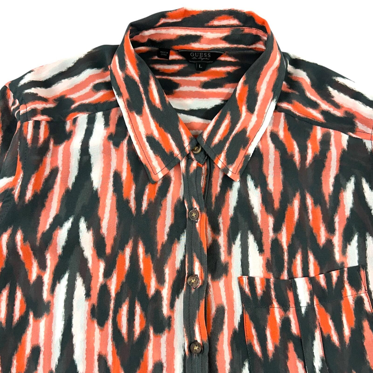 GUESS Orange Brown Ikat Print Button Down Blouse with Sheer Lace