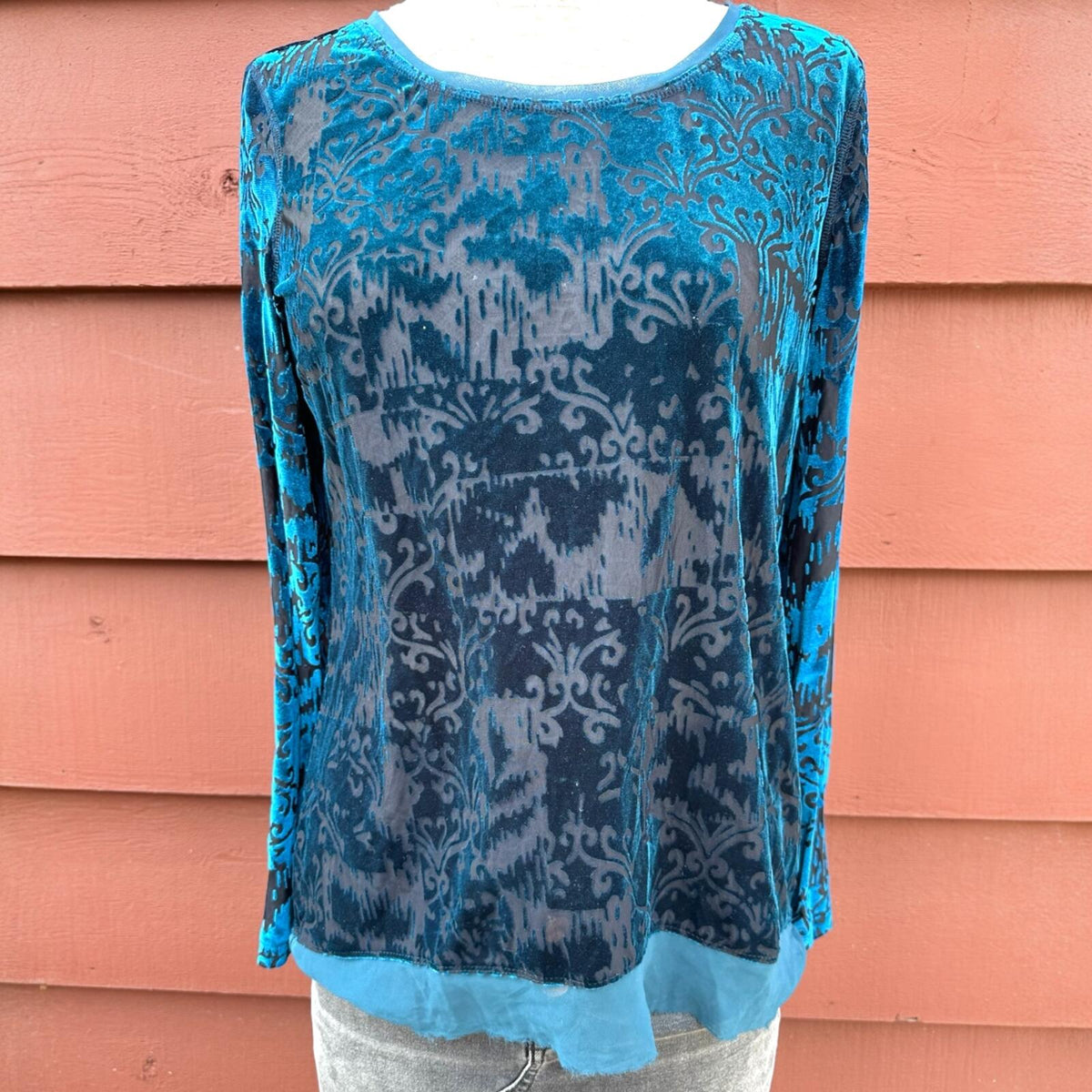 Simply Vera Wang Velvet Burnout Damask Long Sleeve Top Black Blue