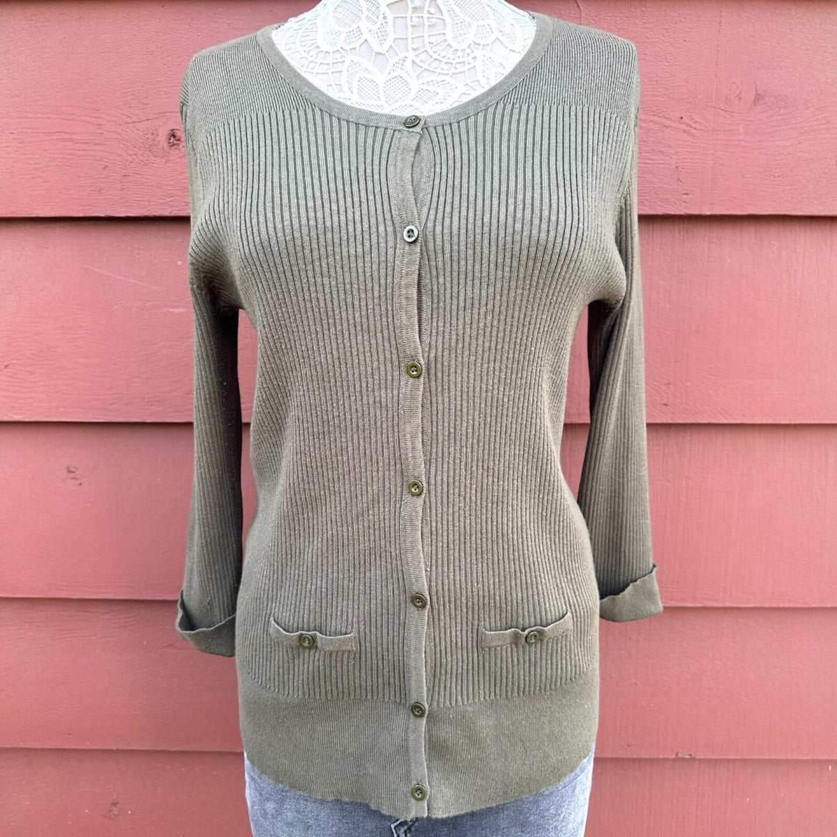 Dressbarn Olive Green Ribbed Button Up Cardigan Sweater Earthcore Dark Academy