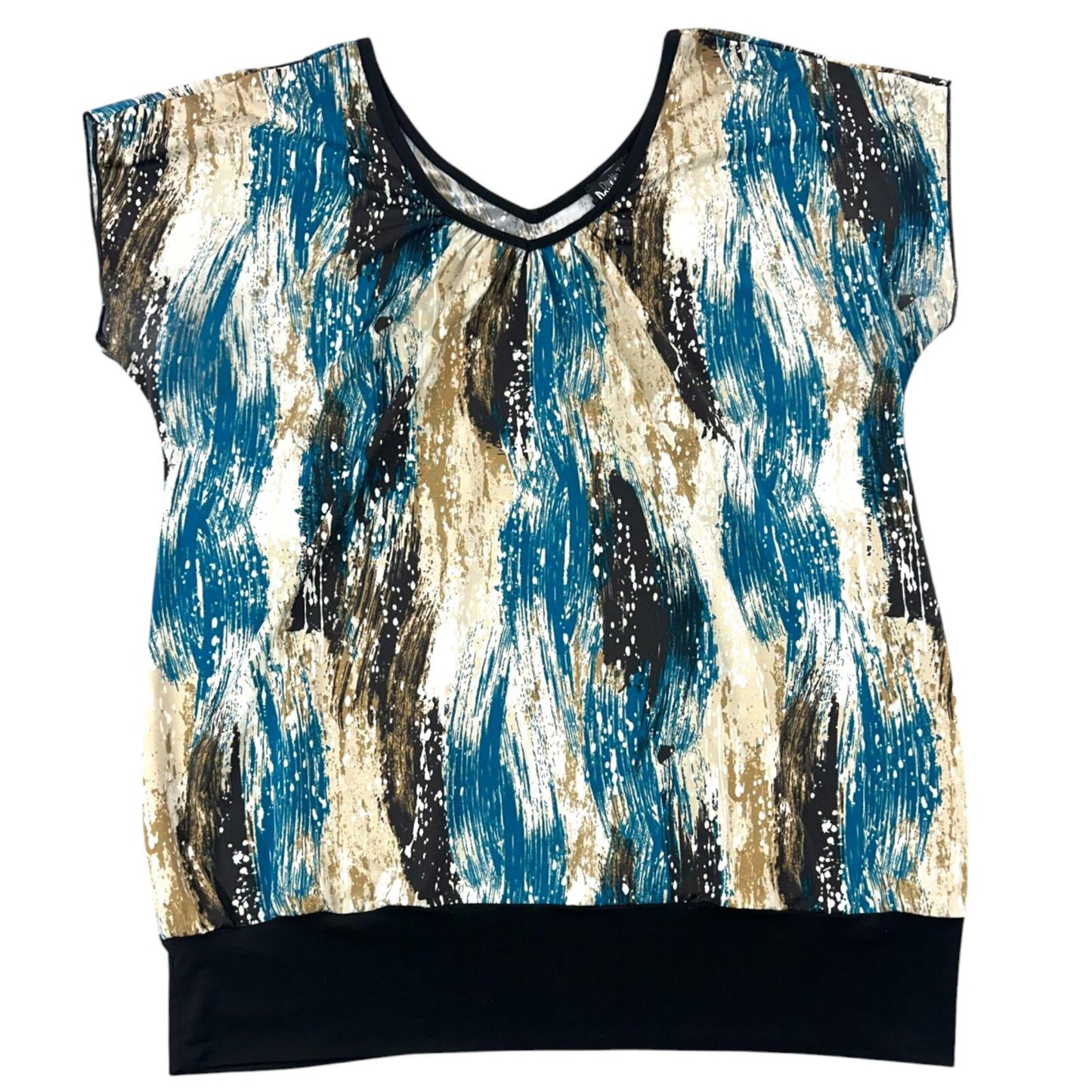 Double Take Abstract Teal & Earth Tone Painterly Print Banded Dolman Top
