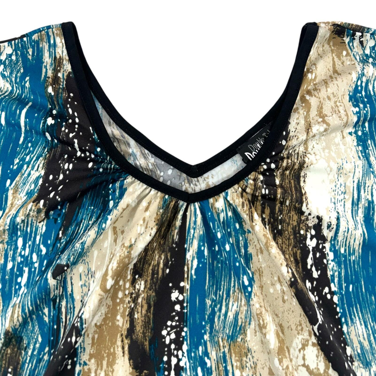 Double Take Abstract Teal & Earth Tone Painterly Print Banded Dolman Top