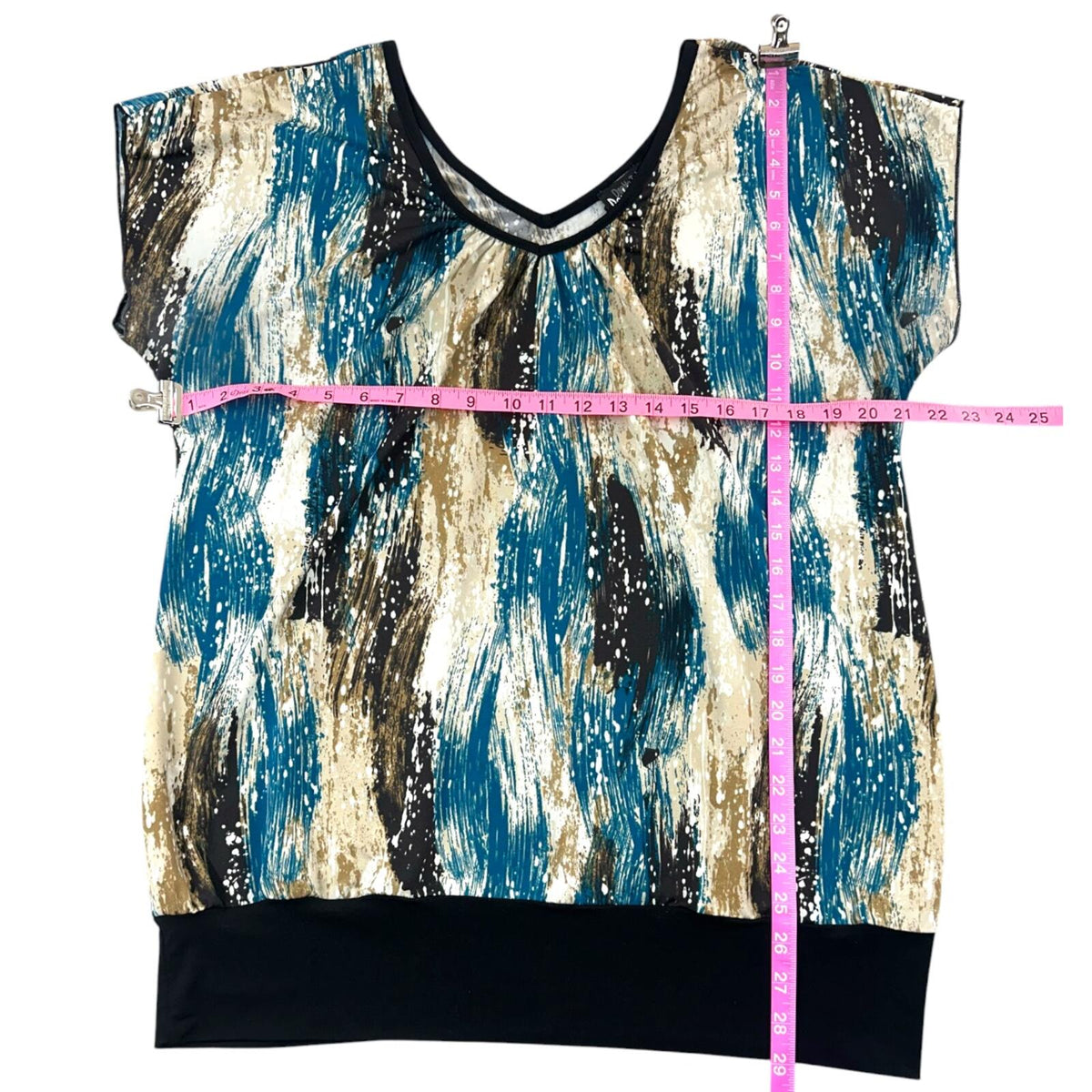 Double Take Abstract Teal & Earth Tone Painterly Print Banded Dolman Top
