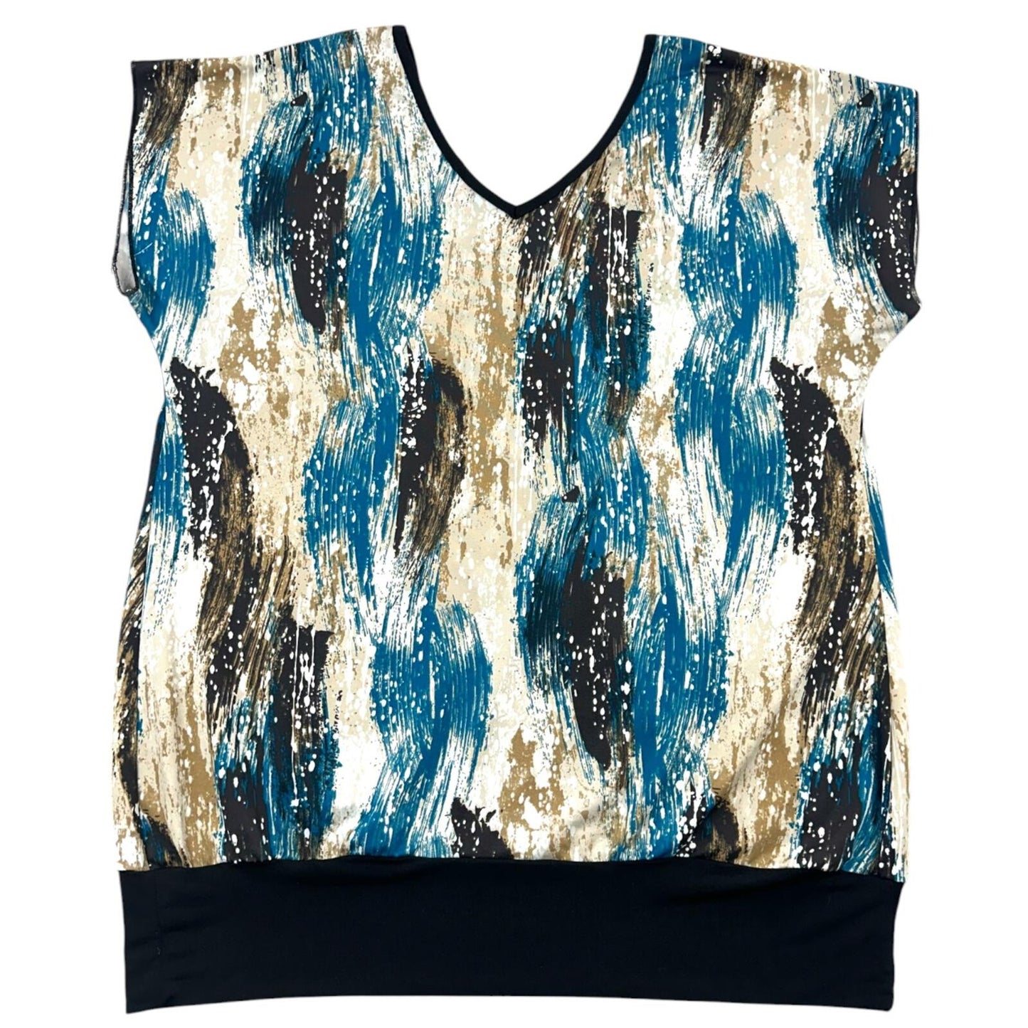 Double Take Abstract Teal & Earth Tone Painterly Print Banded Dolman Top