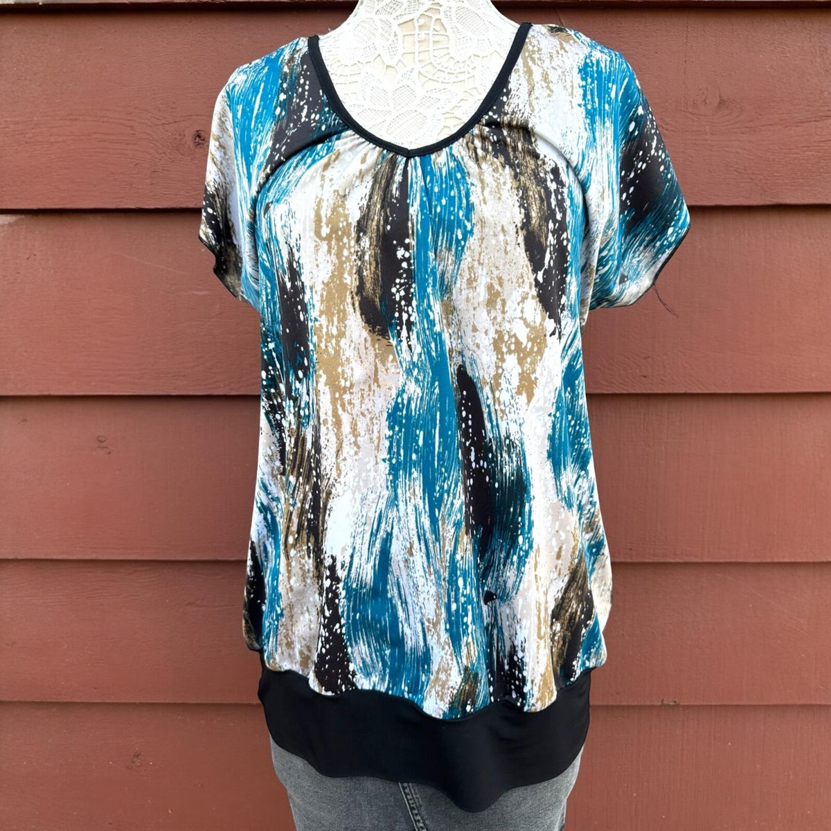 Double Take Abstract Teal & Earth Tone Painterly Print Banded Dolman Top