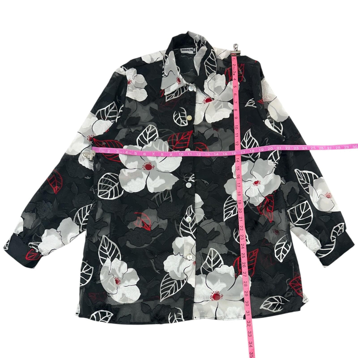 Marilyn B Sheer Black Floral Blouse with Red Leaf Accents Dark Coquette
