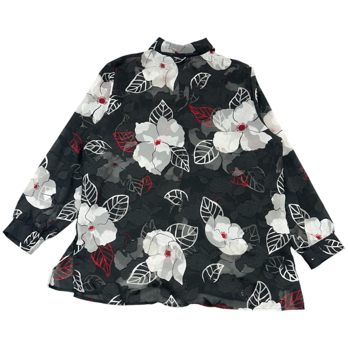 Marilyn B Sheer Black Floral Blouse with Red Leaf Accents Dark Coquette