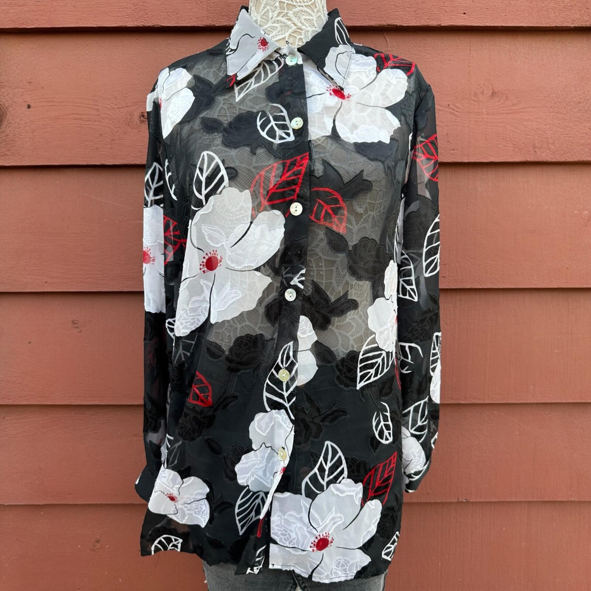 Marilyn B Sheer Black Floral Blouse with Red Leaf Accents Dark Coquette