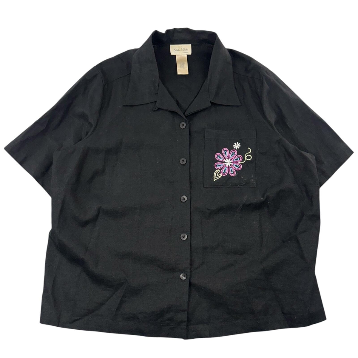 Studio Works Black Embroidered Floral Button Down Camp Shirt