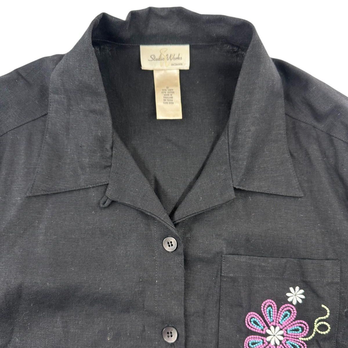 Studio Works Black Embroidered Floral Button Down Camp Shirt