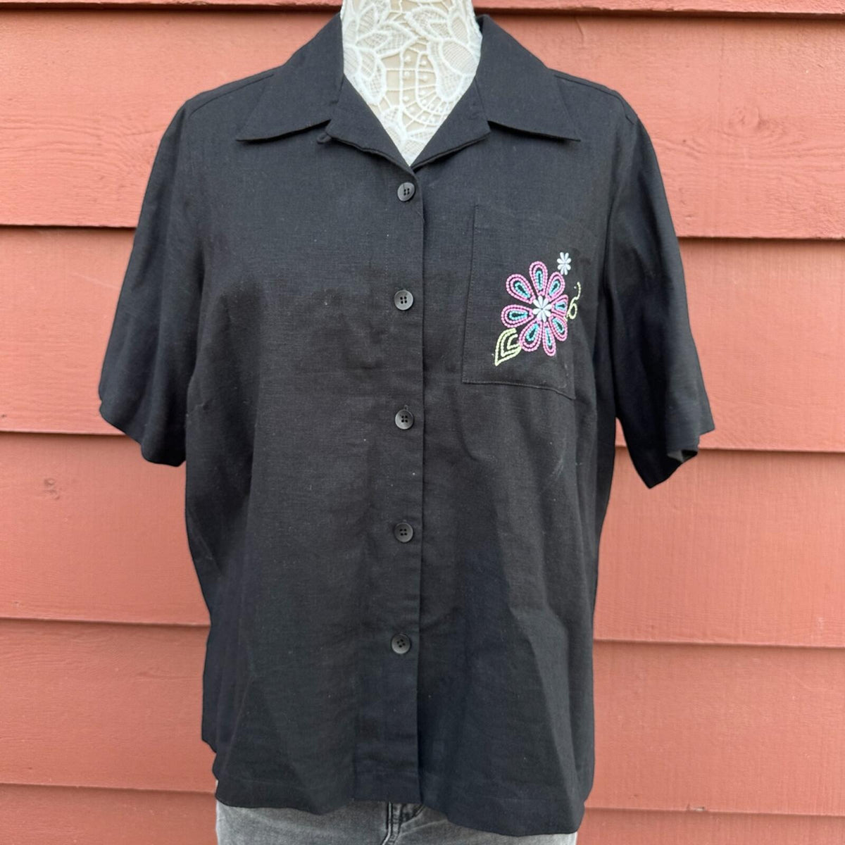 Studio Works Black Embroidered Floral Button Down Camp Shirt