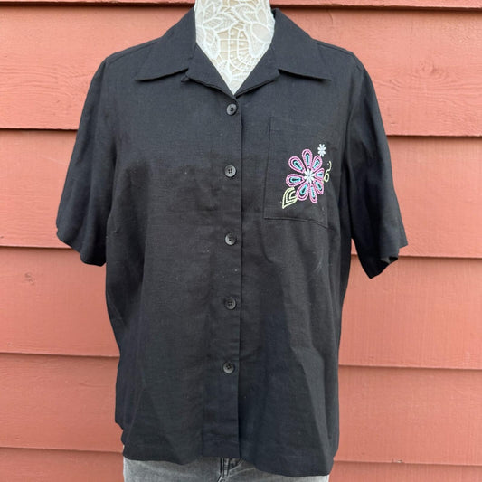 Studio Works Black Embroidered Floral Button Down Camp Shirt