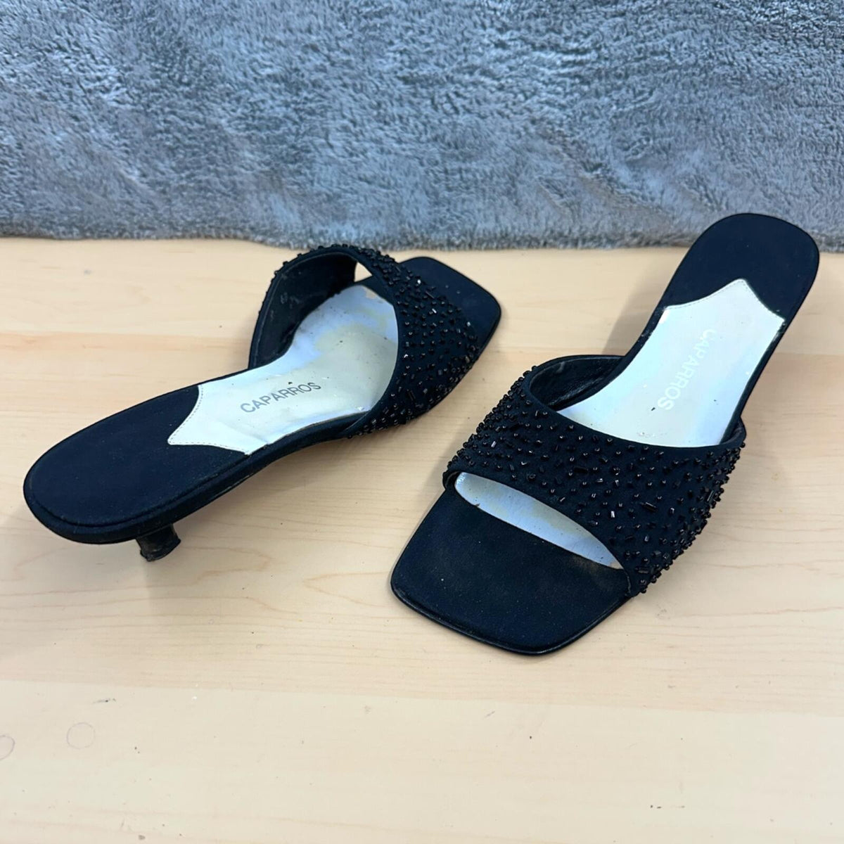 Caparros Black Satin Kitten Heel Mules with Beaded Strap Minimalist Glam 90s