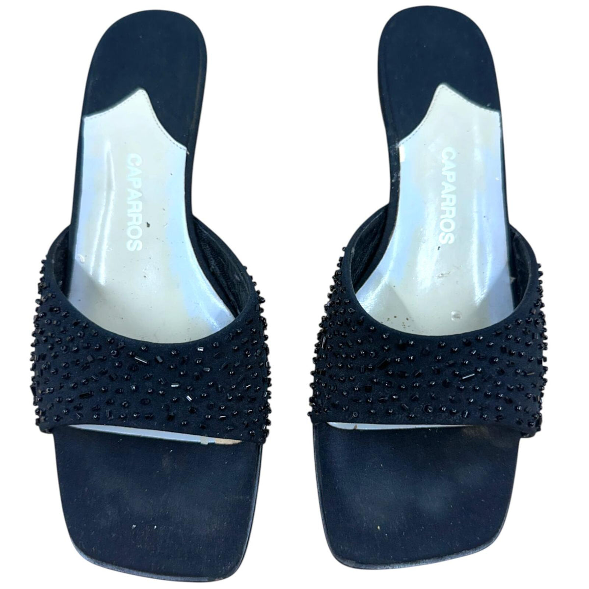 Caparros Black Satin Kitten Heel Mules with Beaded Strap Minimalist Glam 90s