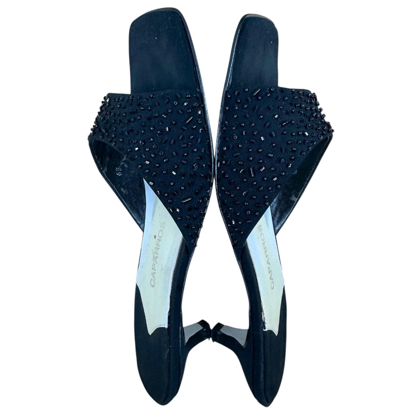 Caparros Black Satin Kitten Heel Mules with Beaded Strap Minimalist Glam 90s